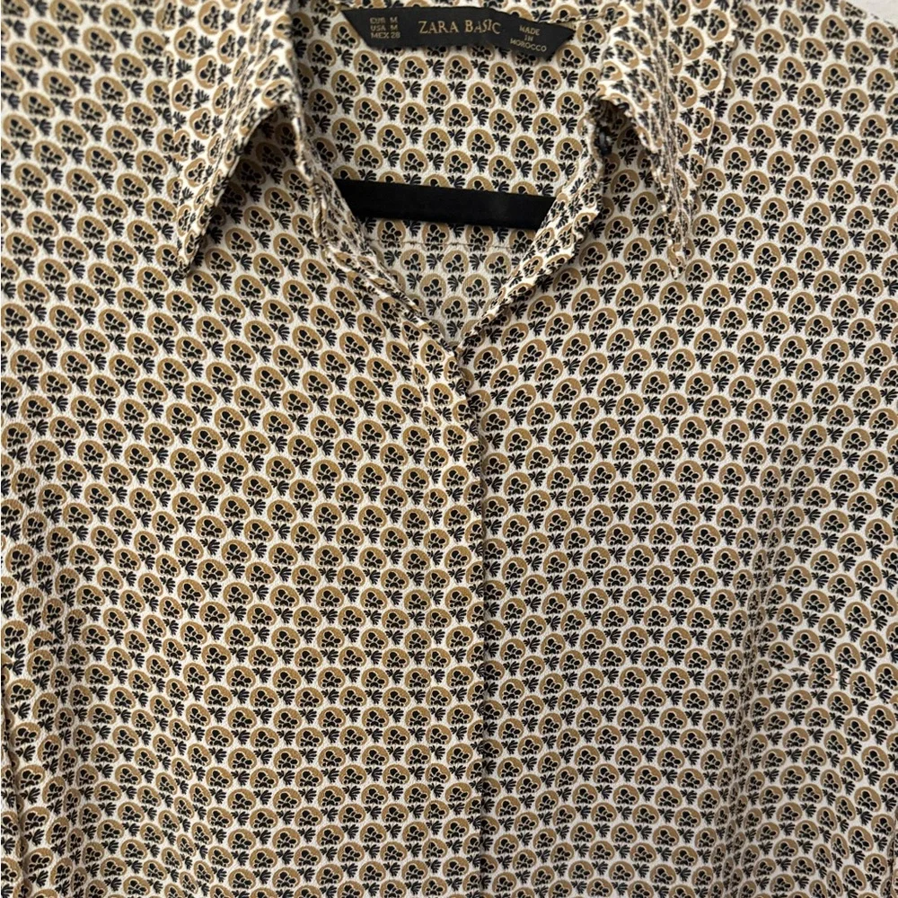 Zara Patterned Button Up Shirt Black Gold Tan White - Picture 5 of 6